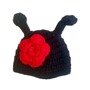 Black Knit Hat with Red Flower for baby